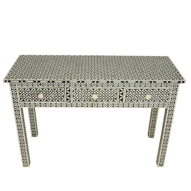 Bone Inlay 3 Drawer Hall Table or Side Table - Black Geometric - Abacus and Hunt