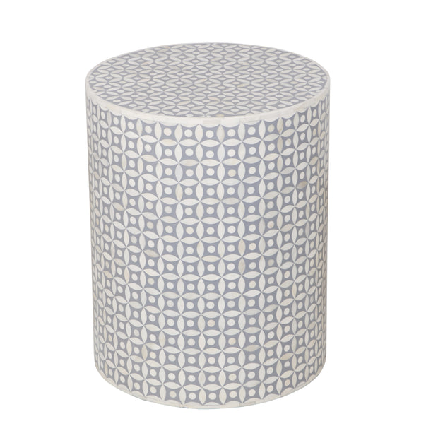 Bone Inlay Drum Side Table - Grey Geometric