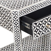 Bone Inlay LARGE 1 Drawer Bedside Table with Shelf - Black Geometric