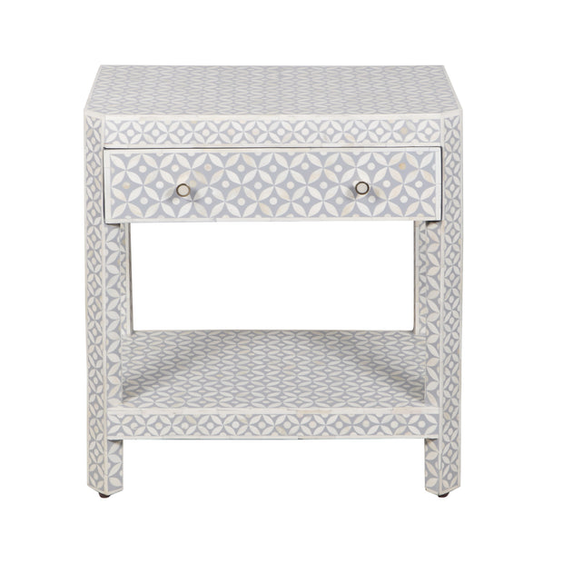 Bone Inlay LARGE 1 Drawer Bedside Table with Shelf - Grey Geometric