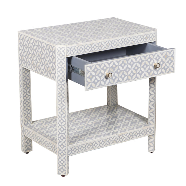 Bone Inlay LARGE 1 Drawer Bedside Table with Shelf - Grey Geometric