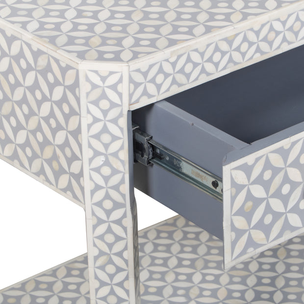 Bone Inlay LARGE 1 Drawer Bedside Table with Shelf - Grey Geometric