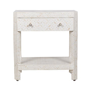 Bone Inlay LARGE 1 Drawer Bedside Table with Shelf - White Geometric