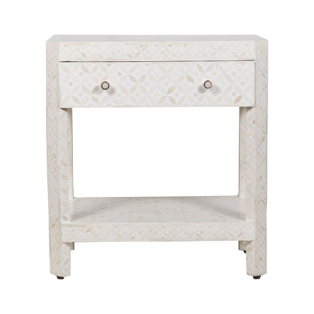 Bone Inlay LARGE 1 Drawer Bedside Table with Shelf - White Geometric