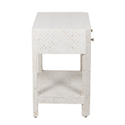 Bone Inlay LARGE 1 Drawer Bedside Table with Shelf - White Geometric