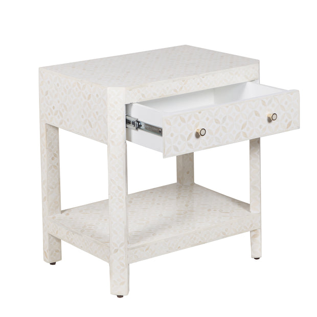 Bone Inlay LARGE 1 Drawer Bedside Table with Shelf - White Geometric