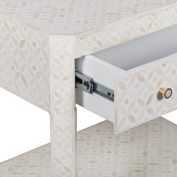 Bone Inlay LARGE 1 Drawer Bedside Table with Shelf - White Geometric