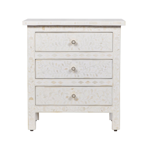 Bone Inlay Large 3 Drawer Bedside - White Floral