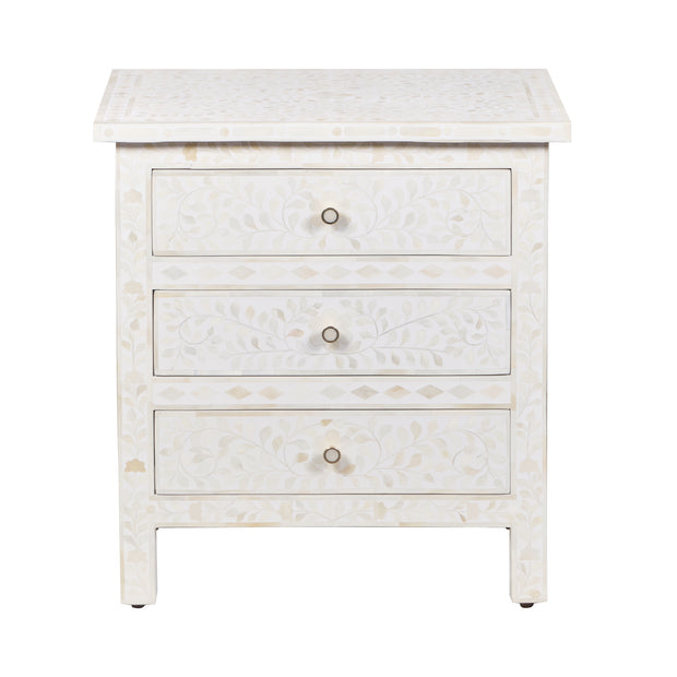 Bone Inlay Large 3 Drawer Bedside - White Floral