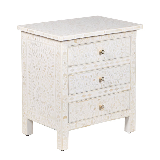 Bone Inlay Large 3 Drawer Bedside - White Floral