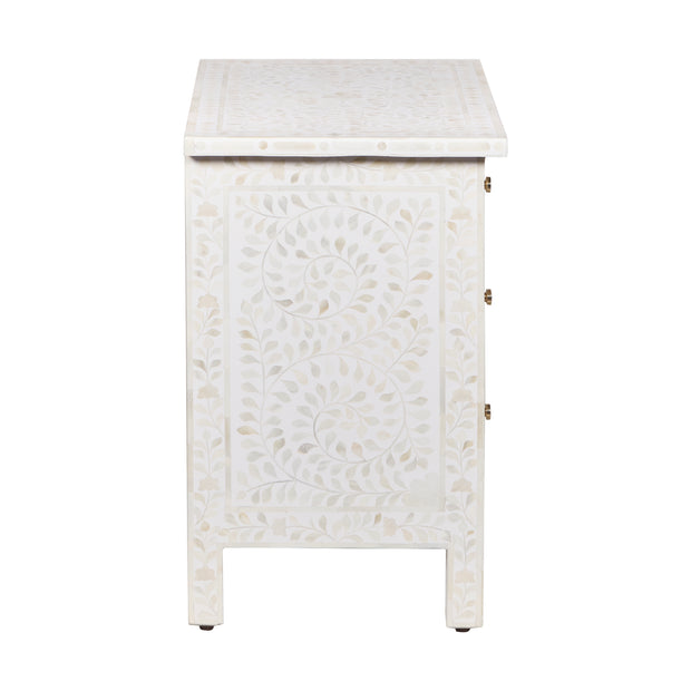 Bone Inlay Large 3 Drawer Bedside - White Floral