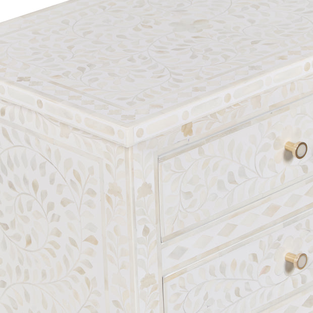 Bone Inlay Large 3 Drawer Bedside - White Floral