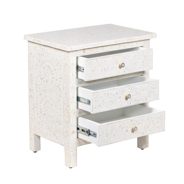 Bone Inlay Large 3 Drawer Bedside - White Floral