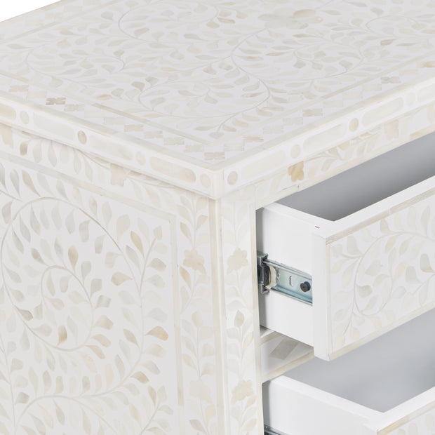 Bone Inlay Large 3 Drawer Bedside - White Floral