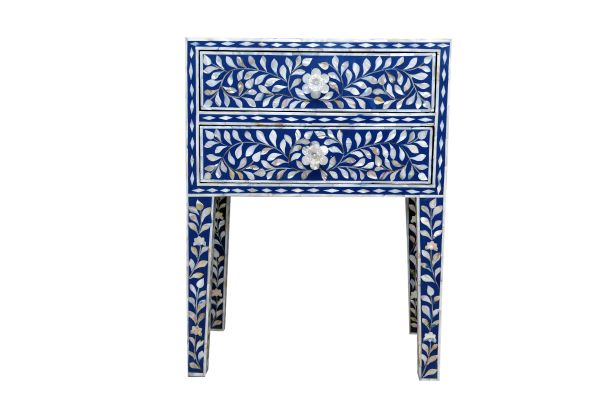 Mother of Pearl Inlay Bedside Table - Indigo Blue