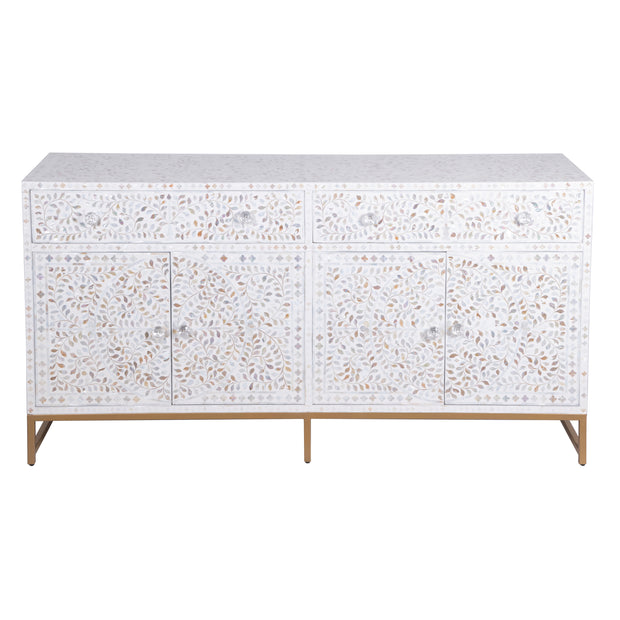 Mother of Pearl Inlay Buffet / Chest of Drawers - White Floral Scroll