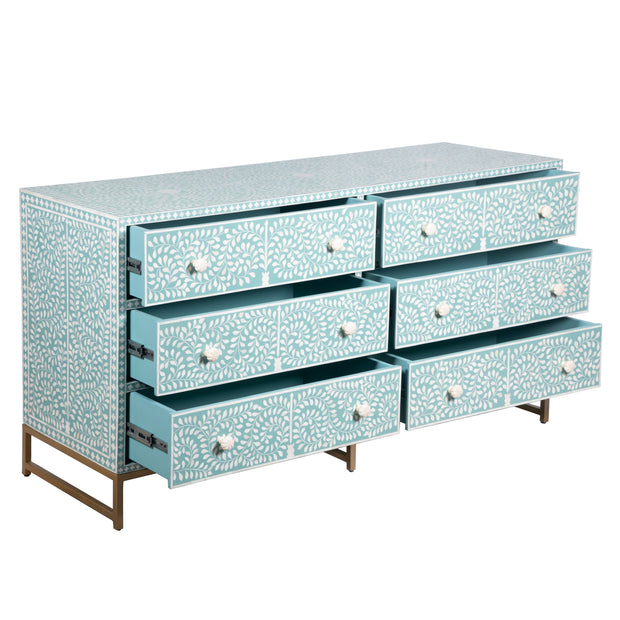 Bone Inlay Chest / Buffet 6 Drawer Chest of Drawers - Pastel Green