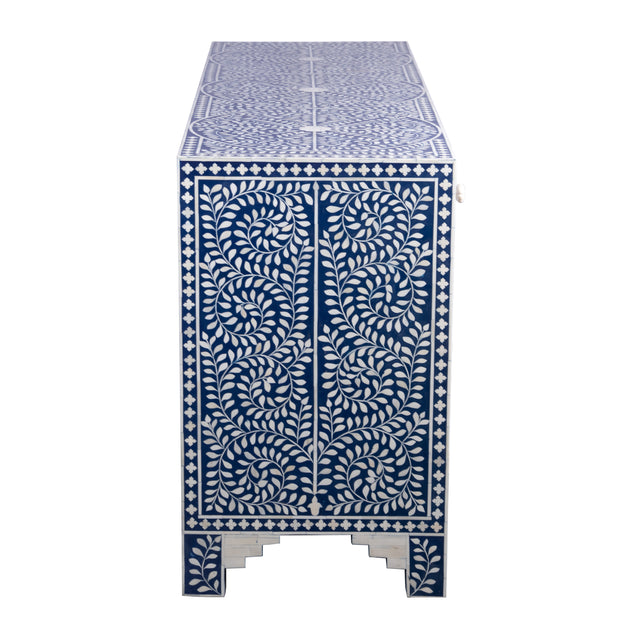 Bone Inlay Buffet Chest of Drawers - Indigo Blue Floral Scroll