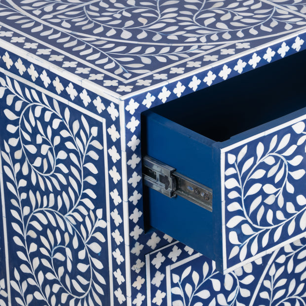 Bone Inlay Buffet Chest of Drawers - Indigo Blue Floral Scroll