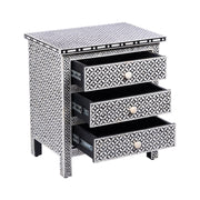 Bone Inlay Large 3 Drawer Bedside Table - Black Geometric - Abacus and Hunt