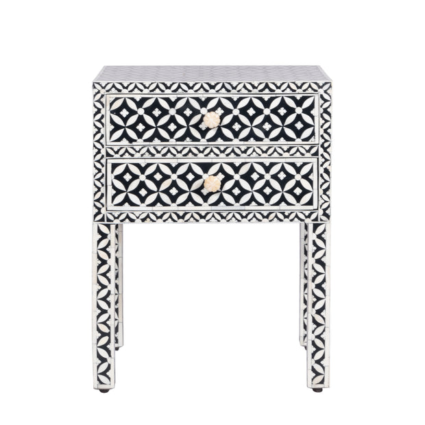 Bone Inlay Bedside Table with 2 Drawers -  Black Geometric