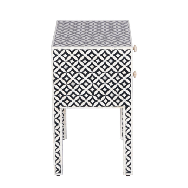 Bone Inlay Bedside Table with 2 Drawers -  Black Geometric