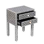 Bone Inlay Bedside Table with 2 Drawers -  Black Geometric