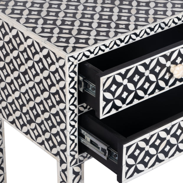 Bone Inlay Bedside Table with 2 Drawers -  Black Geometric