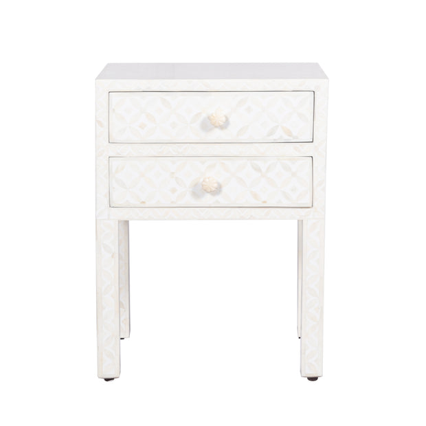 Bone Inlay Bedside Table 2 Drawers -  White Geometric