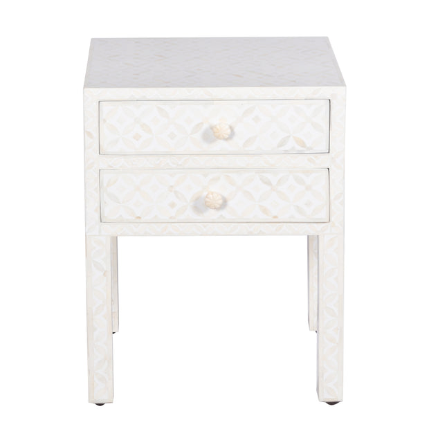 Bone Inlay Bedside Table 2 Drawers -  White Geometric