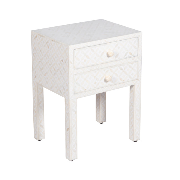 Bone Inlay Bedside Table 2 Drawers -  White Geometric