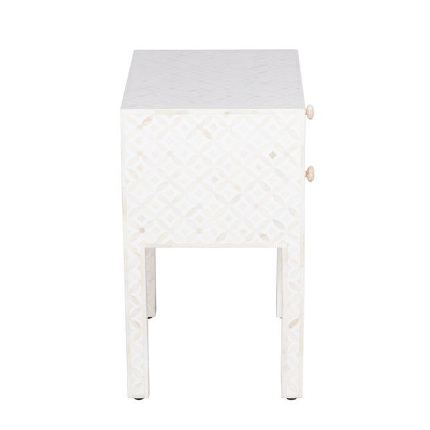 Bone Inlay Bedside Table 2 Drawers -  White Geometric