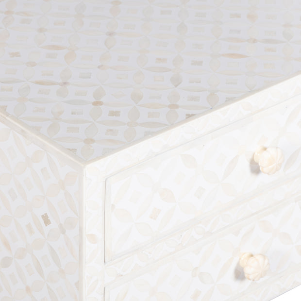 Bone Inlay Bedside Table 2 Drawers -  White Geometric