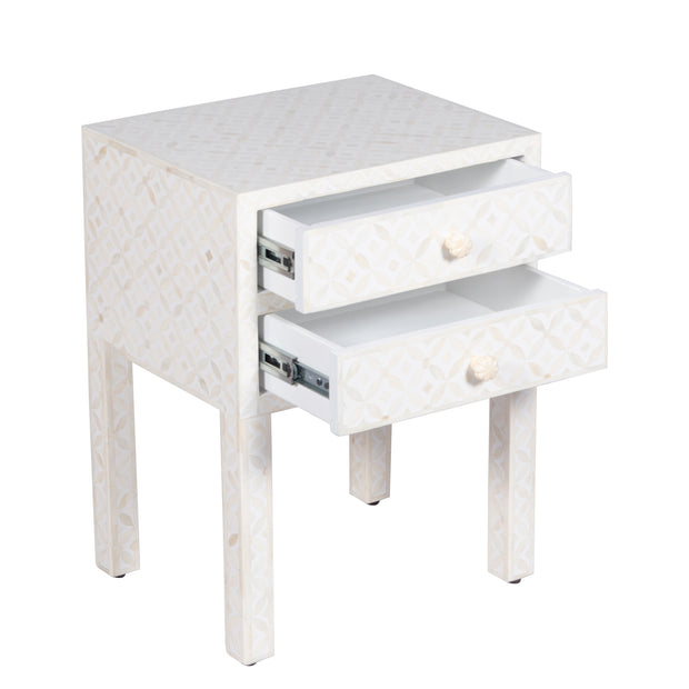 Bone Inlay Bedside Table 2 Drawers -  White Geometric