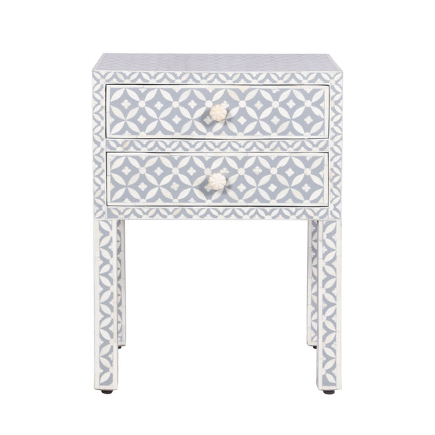 Bone Inlay Bedside Table 2 Drawers -  Grey Geometric