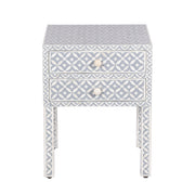 Bone Inlay Bedside Table 2 Drawers -  Grey Geometric