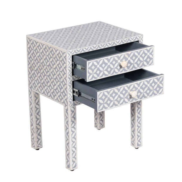 Bone Inlay Bedside Table 2 Drawers -  Grey Geometric