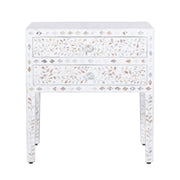 Mother of Pearl Inlay 2 Draw Bedside Table (LARGE) - White