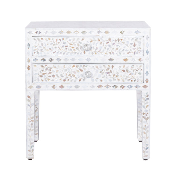 Mother of Pearl Inlay 2 Draw Bedside Table (LARGE) - White