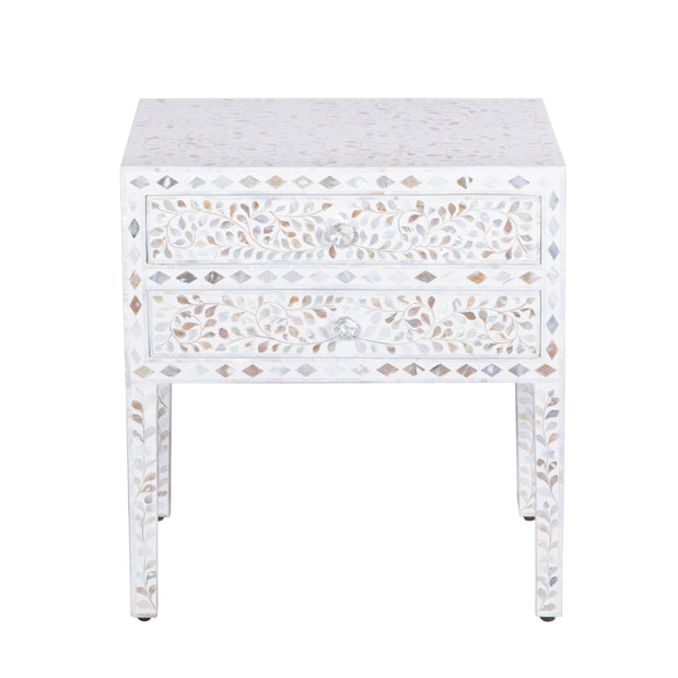 Mother of Pearl Inlay 2 Draw Bedside Table (LARGE) - White