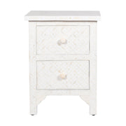 Bone Inlay Bedside Table with 2 Drawers -  White Geometric