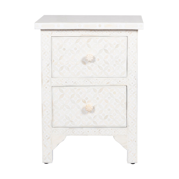 Bone Inlay Bedside Table with 2 Drawers -  White Geometric