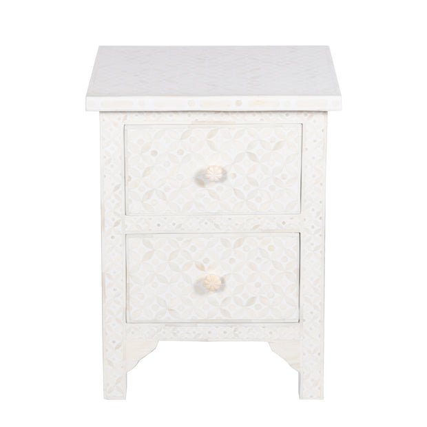 Bone Inlay Bedside Table with 2 Drawers -  White Geometric