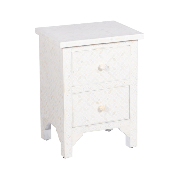 Bone Inlay Bedside Table with 2 Drawers -  White Geometric