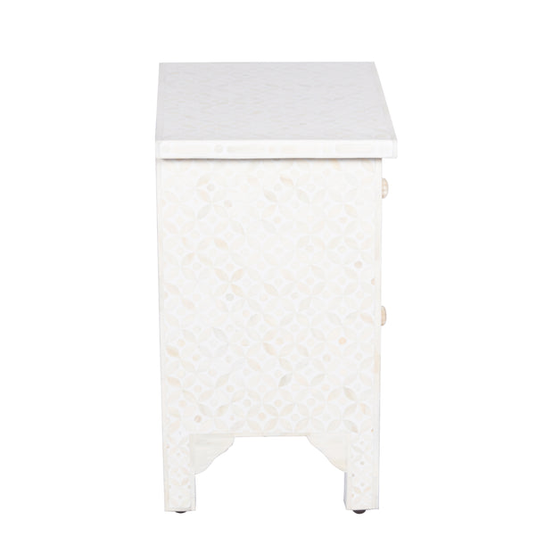 Bone Inlay Bedside Table with 2 Drawers -  White Geometric