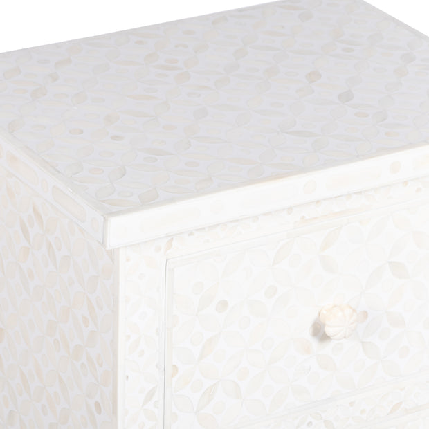 Bone Inlay Bedside Table with 2 Drawers -  White Geometric