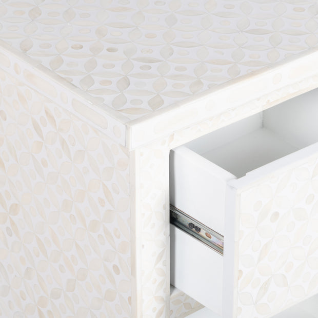 Bone Inlay Bedside Table with 2 Drawers -  White Geometric