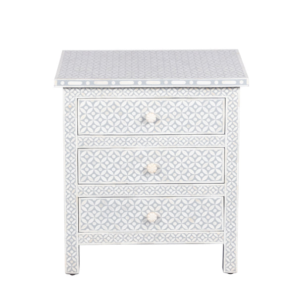 Bone Inlay Large 3 Drawer Bedside Table - Grey Geometric