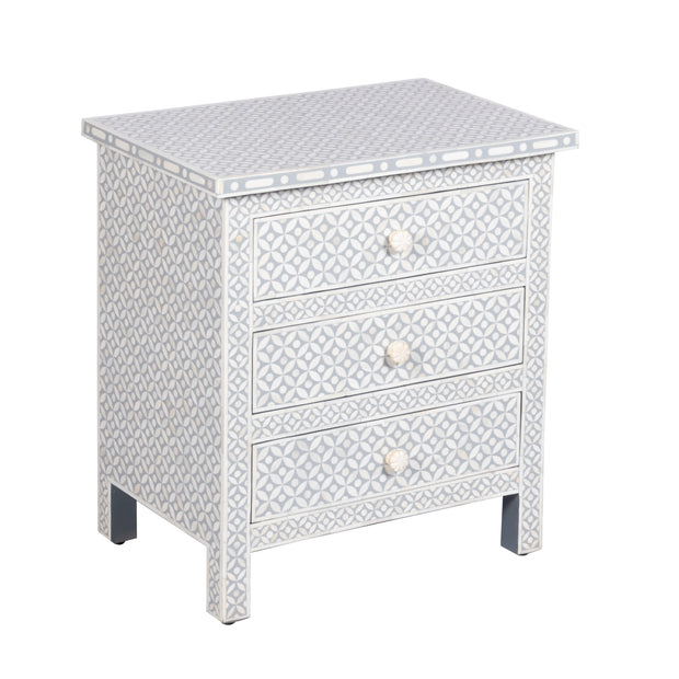 Bone Inlay Large 3 Drawer Bedside Table - Grey Geometric