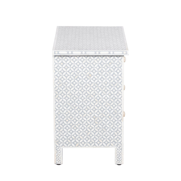 Bone Inlay Large 3 Drawer Bedside Table - Grey Geometric